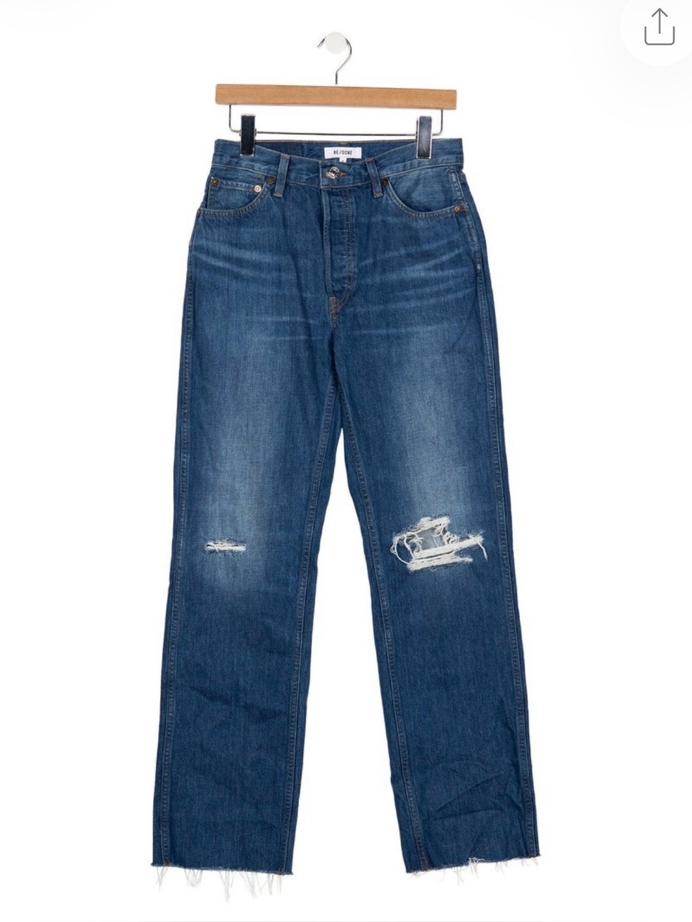 RE/DONE High Rise Straight Leg Distressed Jeans Raw Hem Blue Denim